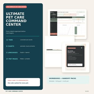Multi-Pet Care Command Center | Bilingual Health, Vet, Sitter Planner (Digital Download)