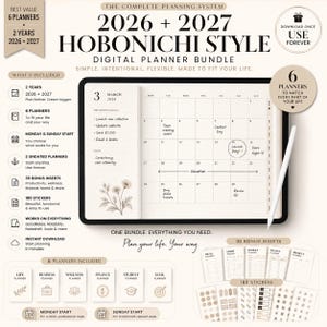 Op de afbeelding: Een digitaal plannerpakket voor 2026 en 2027 in Hobonichi-stijl, weergegeven op een tablet met een stylus. De bundel bevat zes planners, dertig bonusinvoegsels en honderdtachtig stickers, met een maandelijkse kalenderweergave.