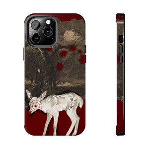 May include: A smartphone case featuring a white fawn with dark spots standing against a deep red background. A red crosshair target is superimposed over the fawn's eye. The upper portion displays a dark, textured tree silhouette with red leaves.