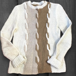 Vintage Cream & Taupe Neutral Tone Sweater, Size Small Women's 1980s Retro Tan and Ivory Colorblock Open Knit Pullover