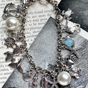 Ocean Theme Loaded Charm Bracelet w/ Fish, Octopus, and Starfish Charms on Adjustable Silver Chain, Beach Nautical Chunky Jewelry Gift
