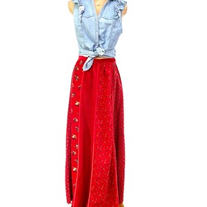1970s Patchwork Maxi Skirt in Red Velvet by Century of Boston Hippie Prairie Mixed Pattern Floral Paneled Size Small Boho Peasant