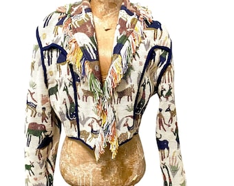 ¡REVERSIBLE! Chaqueta corta estilo manta vintage con flecos, estilo safari, estilo pasaporte de los 90, de Pier One Imports, de algodón tejido, estilo bohemio, corte abierto.