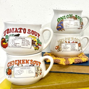 チョイスヴィンテージスープマグ、キッチン～オフィス～寮用のレトロなセラミックカップ、レトロなフードグラフィックレシピノベルティボウル、チキン、マッシュルーム、タマネギ、トマト