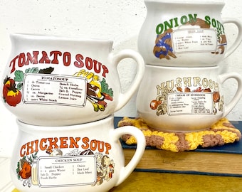Choice Vintage SOUP Mug, Retro Ceramic Cup for Kitchen~Office~Dorm, Retro Food Graphic Recipe Novelty Bowl, Chicken, Mushroom, Onion, Tomato