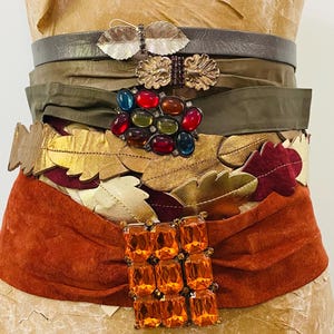 Choice NOS Vintage Belt, Wide & Skinny, Suede Jeweled Clasp Buckles, Gold Leather Feather Festival Belt, Glam Rhinestone Runway Boho Fashion