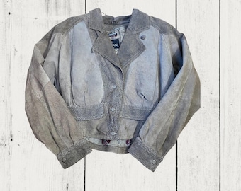 Chaqueta vintage de piel auténtica en gris topo, piel de serpiente sintética, estilo rockero chic de los años 80, cazadora bomber holgada y de gran tamaño para mujer, talla S, gamuza recortada