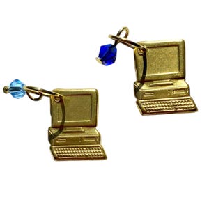 Retro Computer Charm, Vintage Style Geek Tech Jewelry, Gold-tone Pendant w/ Light or Dark Blue Crystals, Gift for Programmer, Brass Desktops