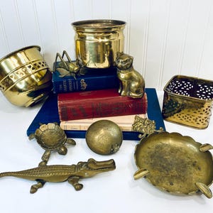 May include: A collection of brass decorative objects, including planters, a cat figurine, a turtle, an alligator, a sphere, and an ashtray. The objects are arranged on a white surface with books in the background. The brass items have a shiny, golden finish.