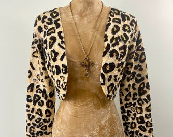 90s Vintage Leopard Sequin Heavily Beaded Jacket, Bolero, SZ 4-6, NWT Handcrafted by Debra, Animal Print, Y2K Runway Glamorous Statement