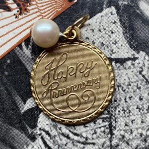 Happy Anniversary Charm or Pendant, Vintage Raw Brass Matte Gold-tone  Faux Pearl Accent Bead, Gift for Wife, Girlfriend, Bracelet/Necklace
