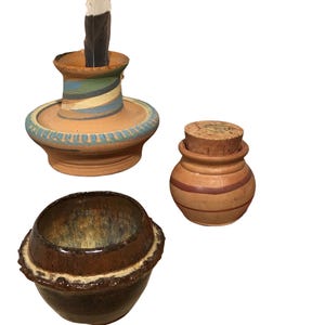 Vintage Mini Pottery Group of 3, Southwestern Etched & Painted Vase, Brown Glaze Bowl, Tiny Round Bottle w/ Cork, Shelf Decor, Signed Studio