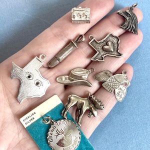Puede incluir: Colección de dijes de plata de ley con diversas formas, incluyendo un contorno de Texas con un corazón, un sombrero de vaquero, una cabeza de águila y un alce. También se ve un dije con el texto "Grand Teton Nat. Park".