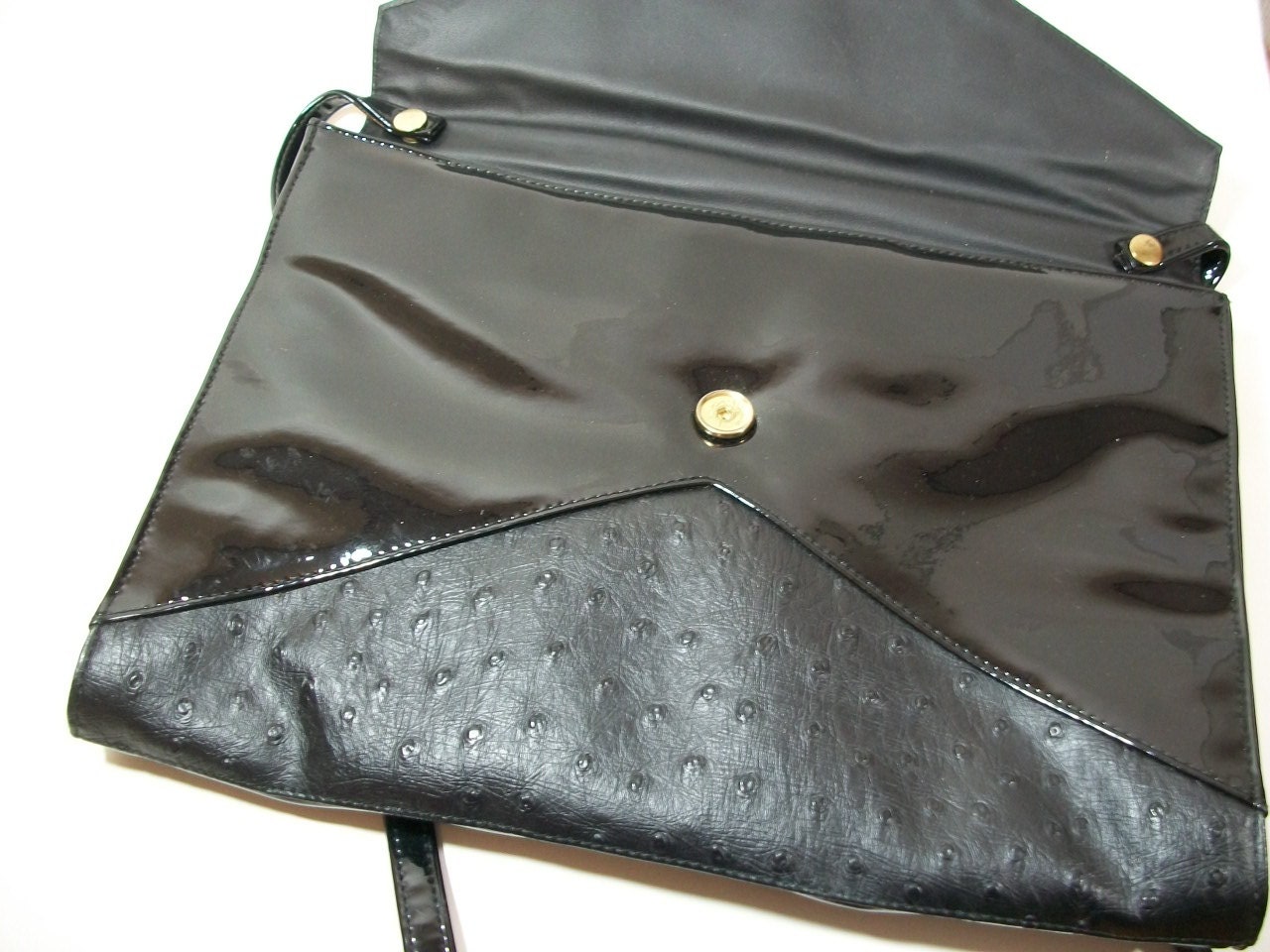 Vintage Black Ostrich Shoulder Bag ~ Classic 90s Patent Leather 