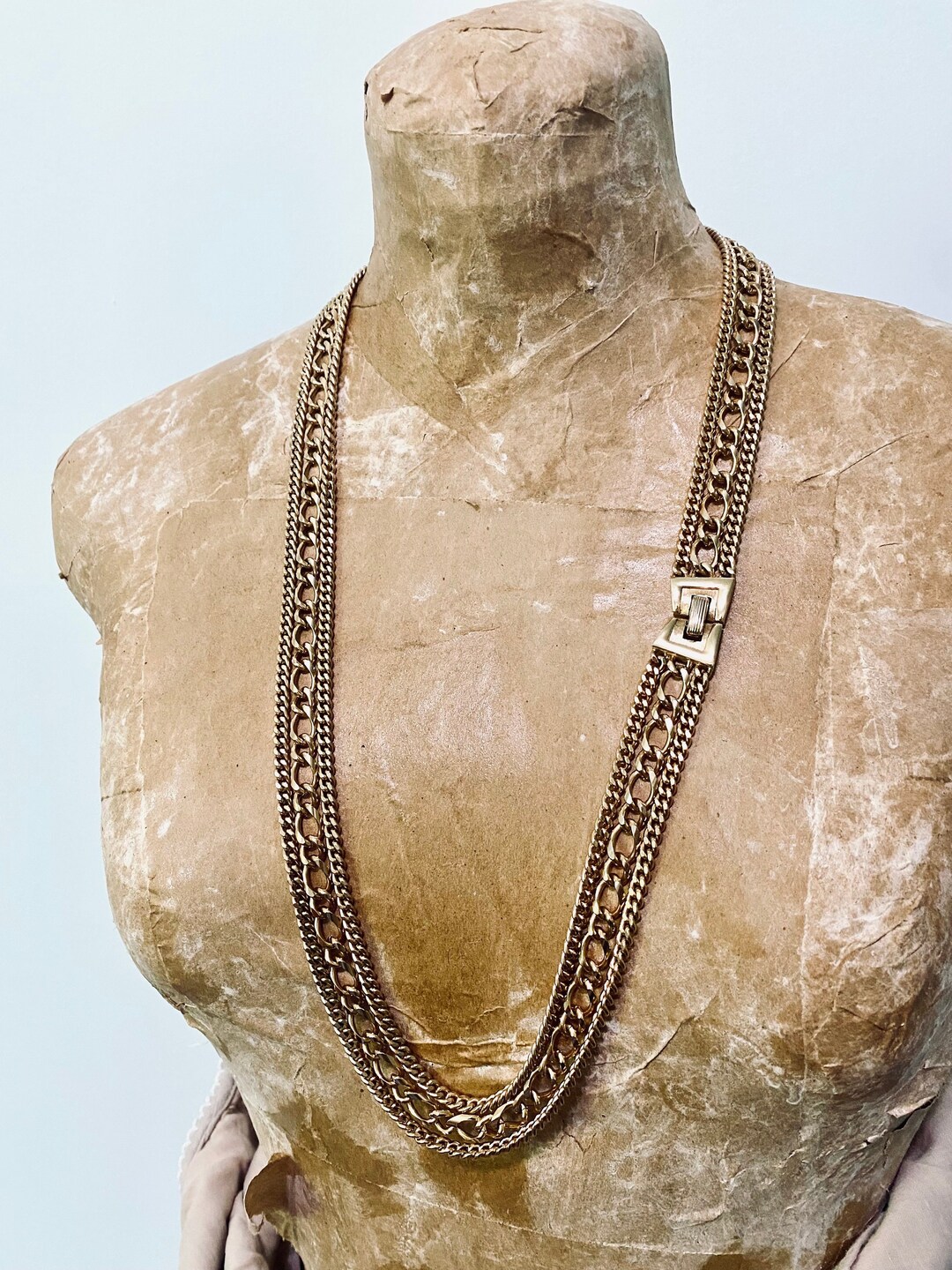 Trifari Opera Length Triple Strand Necklace, Long Gold Tone Curb Chain ...