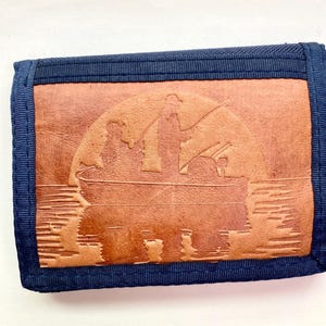 NOS Vintage Navy Canvas Wallet, Hook Loop Closure Tooled Leather Fishermen in Boat Front Pocket, Tri- Sportsmen 1990s, Father's Day Gift