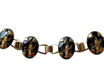 Vintage Intaglio Bracelet With Asian Theme Figures in Black