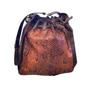 Vintage Snake Skin Shoulder Bag, Leather Drawstring Bucket Crossbody Purse