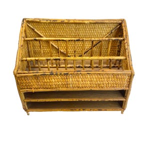 Vintage Bamboo and Woven Cane Desk Organizer, Letter Mail Holder, Mid Century Office Decor, Boho Coastal Decor 10.5&quot; x 7.5&quot;