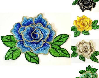 Rose Flower Patch with Blue, Yellow, Teal , Cream, or Black with Green Leaves, Sew on Floral Applique Patch, Clothes Embellishment, 4.5in