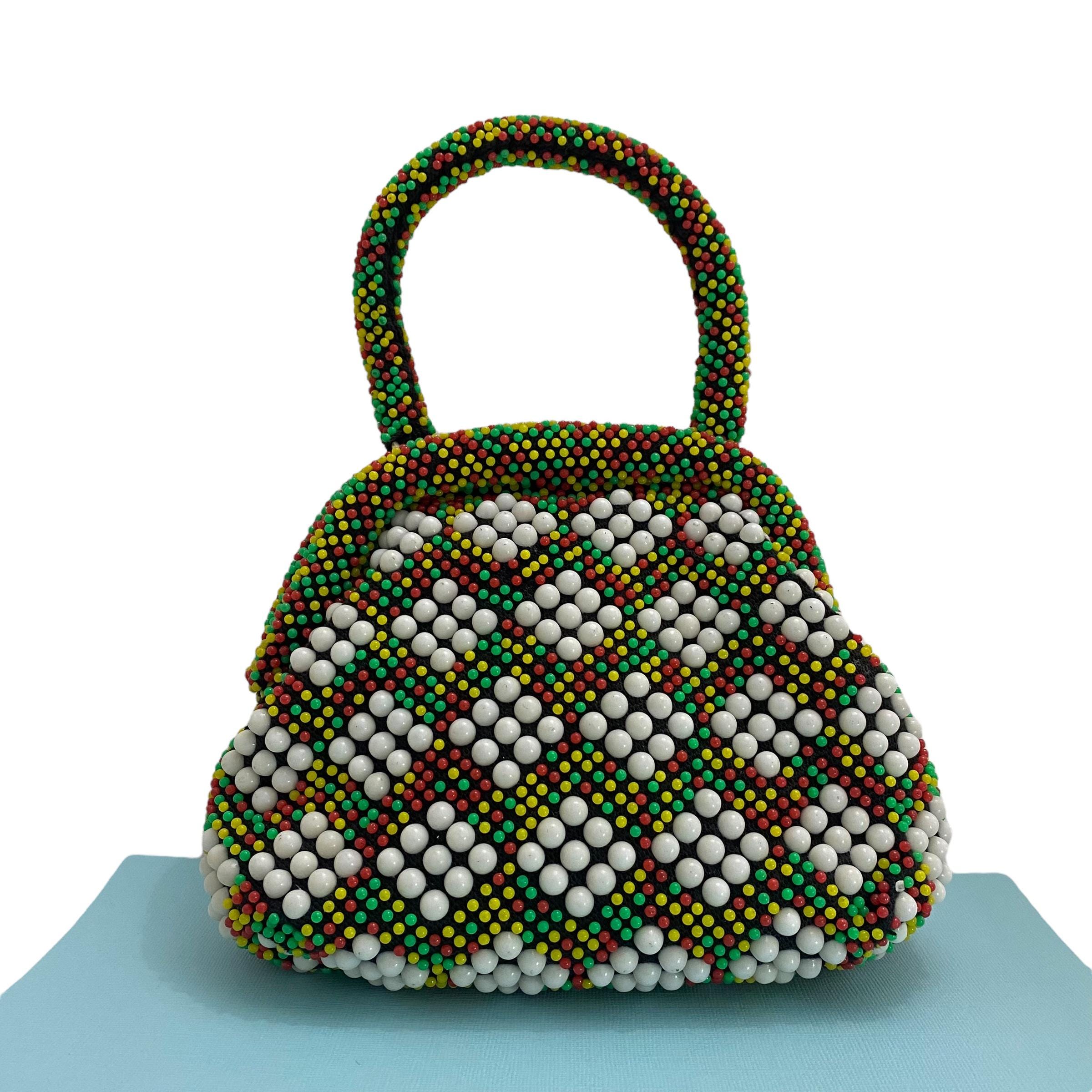 Fun Vintage Plastic Beaded Purse, Neon Candy Dot Retro Kiss Lock