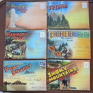 Choix de cartes postales en lin vintage, photos rétro de style accordéon en souvenir de voyage des années 1940, parcs nationaux, tétons, grotte de Mammoth, éphémères
