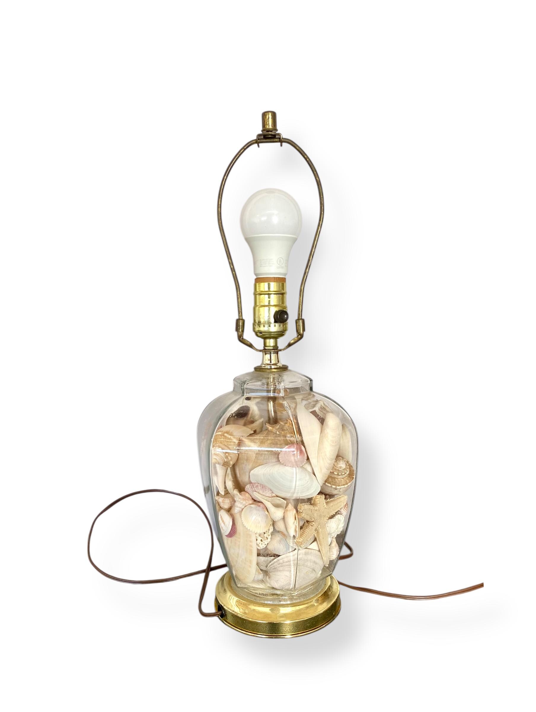 Clear Glass 80’s Seashell Filled Table Lamp, Vintage Ginger Jar Light ...
