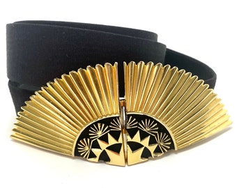 RARE 1980s Accessocraft Art Deco Gold Belt Buckle, Fan With 