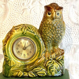 Vintage Owl Mantle Clock - Brush-McCoy Green Brown Stoneware American Art Pottery, 1930s Wise Birds Line, Forestcore Cabin Home