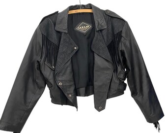 Chaqueta corta vintage de piel auténtica con flecos de Lebaas Collections New York, chaqueta de motociclista vaquera estilo western años 90, estilo rockero, talla mediana