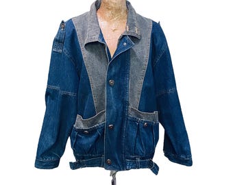 Chaqueta vaquera vintage de principios de los 90 con parches de mezclilla, 100 % algodón, de Learsi, abrigo bomber de dos tonos, ropa urbana grunge para mujer, talla M-L