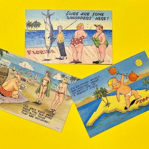 Wahl Vintage Humorvolle 1950er Jahre Postkarten, Florida Beach, Bikinis Fisch Vintage Comic Lustig Urlaubs Erinnerungsstücke Souvenir, Ephemera, Leinen