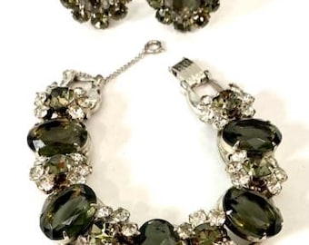 Vintage Juliana DeLizza Elster Smoke Gray Rhinestone Bracelet Earrings Demi Parure Set, Signed Designer Costume D&E Jewelry