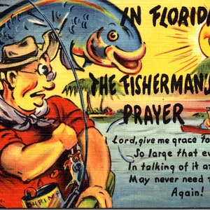 Vintage Leinen Florida-Postkarte, humorvolles lustiges Fischen großes Fisch-Thema, Bootfahren auf See, 1951 Reise-Erinnerungsstücke-Andenken Ephemera