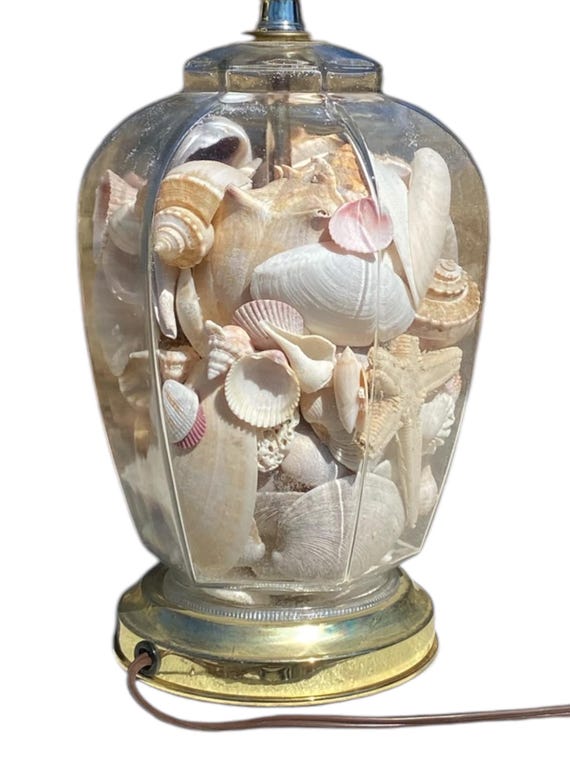 Clear Glass 80's Seashell Filled Table Lamp, Vintage Ginger Jar