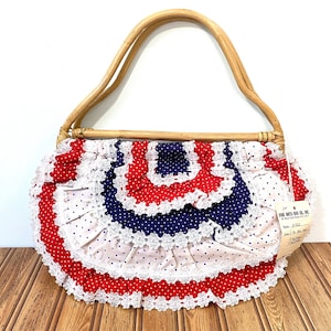 Sweet Vintage Ruffled Lace Purse in Patriotic Red, White, & Blue, USA Flag Colors for 4th of July, Memorial Day, 70s-80s Retro Handbag NWT!