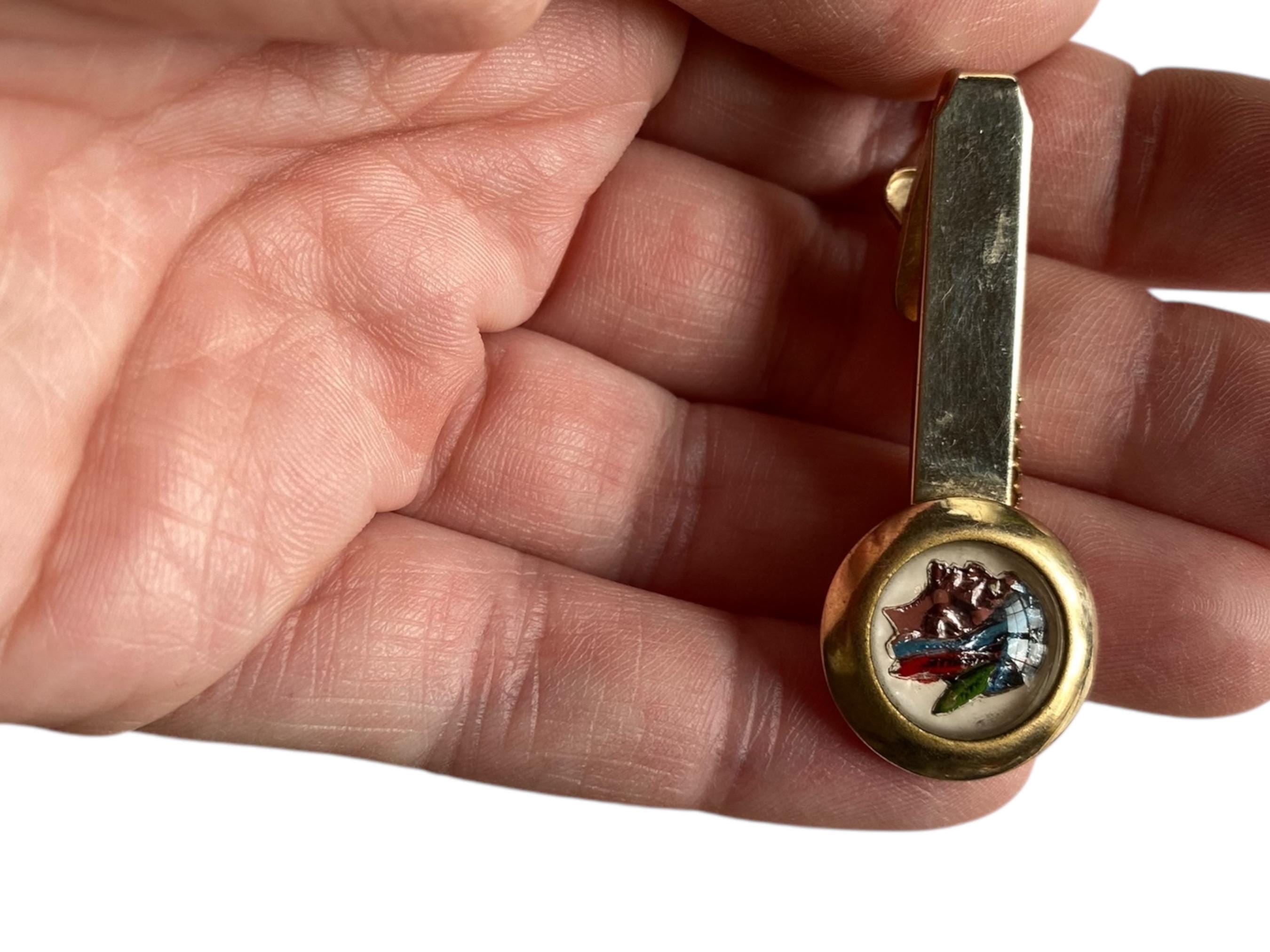 Vintage Glass Intaglio Indian Chief Tie Clip, Reverse Carved