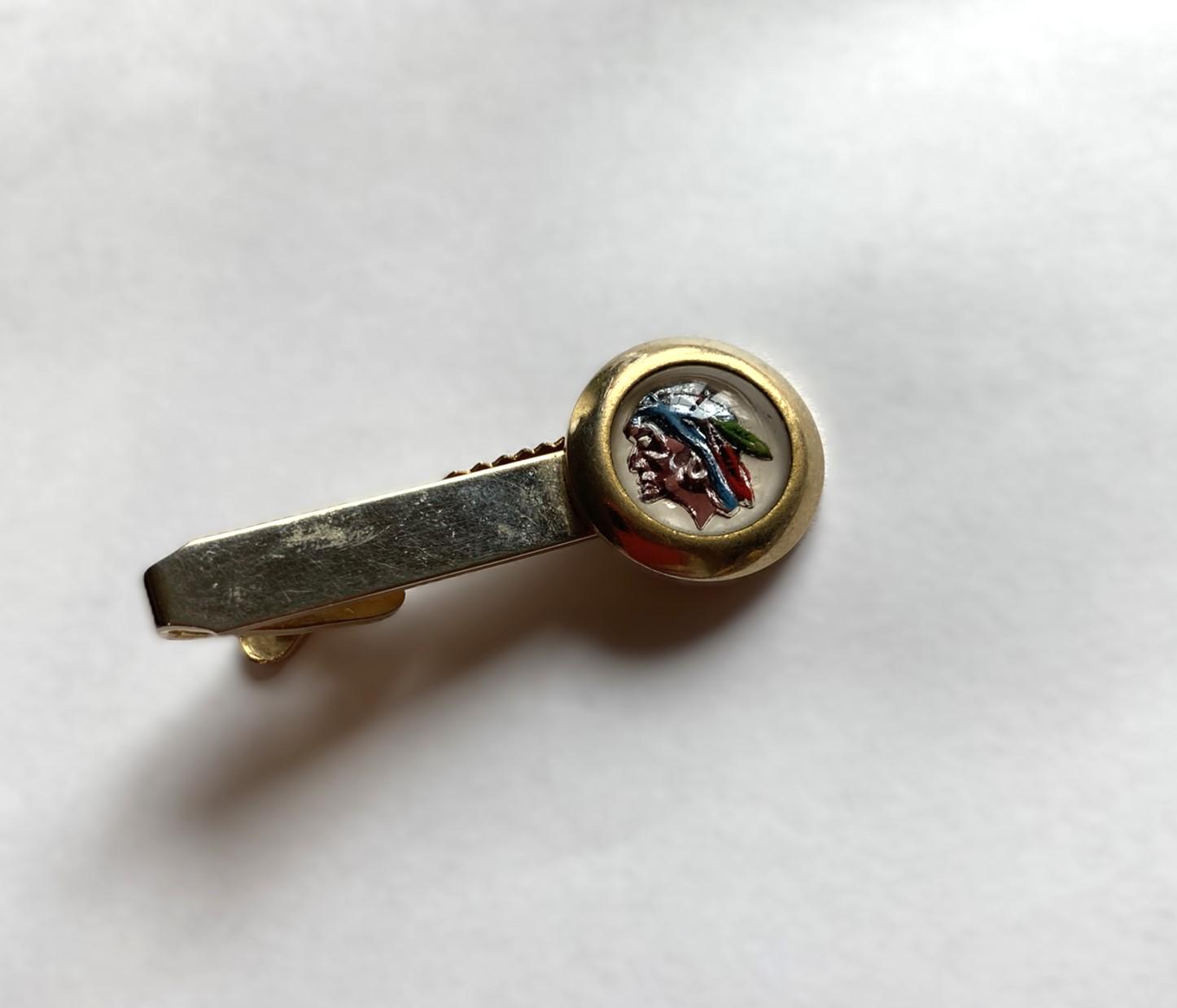 Vintage Glass Intaglio Indian Chief Tie Clip, Reverse Carved