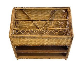 Vintage Bamboo and Woven Cane Desk Organizer, Letter Mail Holder, Mid Century Office Decor, Boho Coastal Decor