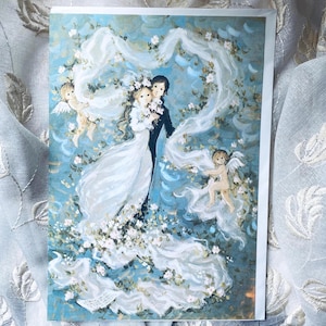 Carte de mariage vintage surdimensionnée, chérubins des années 1960, mariée et marié, carte de voeux pour la mariée, Gordon Fraser England par Francis Saint Marc 10,5 x 7