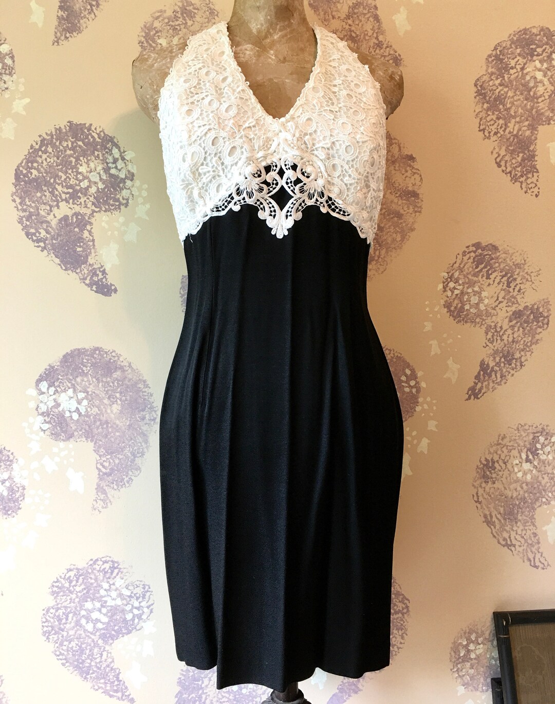 Scott McClintock Black Halter Dress White Lace Bodice, Vintage Short Cocktail Party Prom Formal Dress Size Small, Made in USA, 90s Y2K