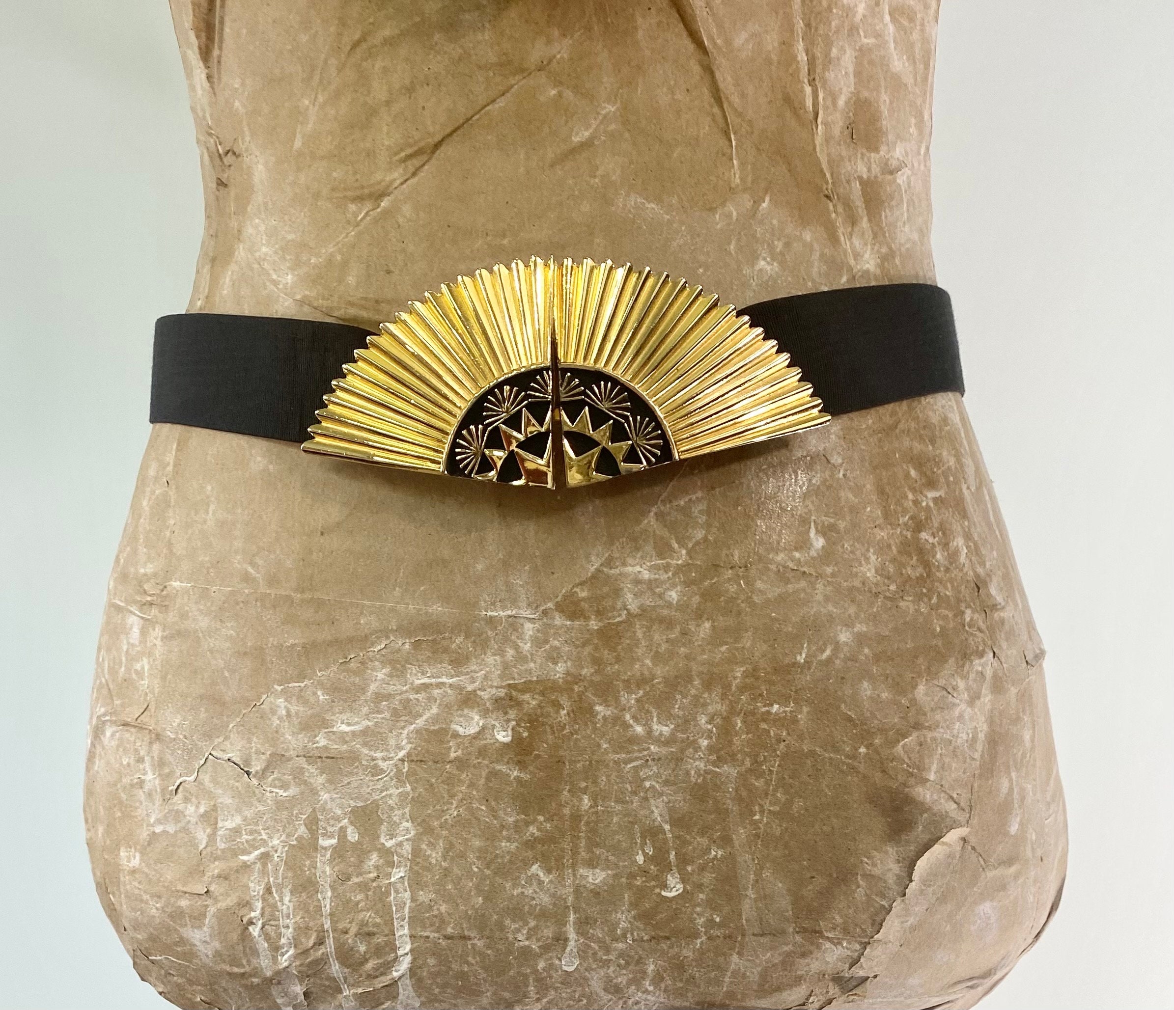 RARE 1980s Accessocraft Art Deco Gold Belt Buckle, Fan With 