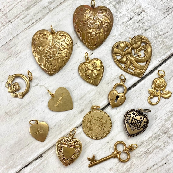 Choice Hearts Love Token Theme Charm or Pendant, Raw Brass Victorian Style Heart Charm or Pendant For Necklace or Bracelet, Ornate Gold Tone