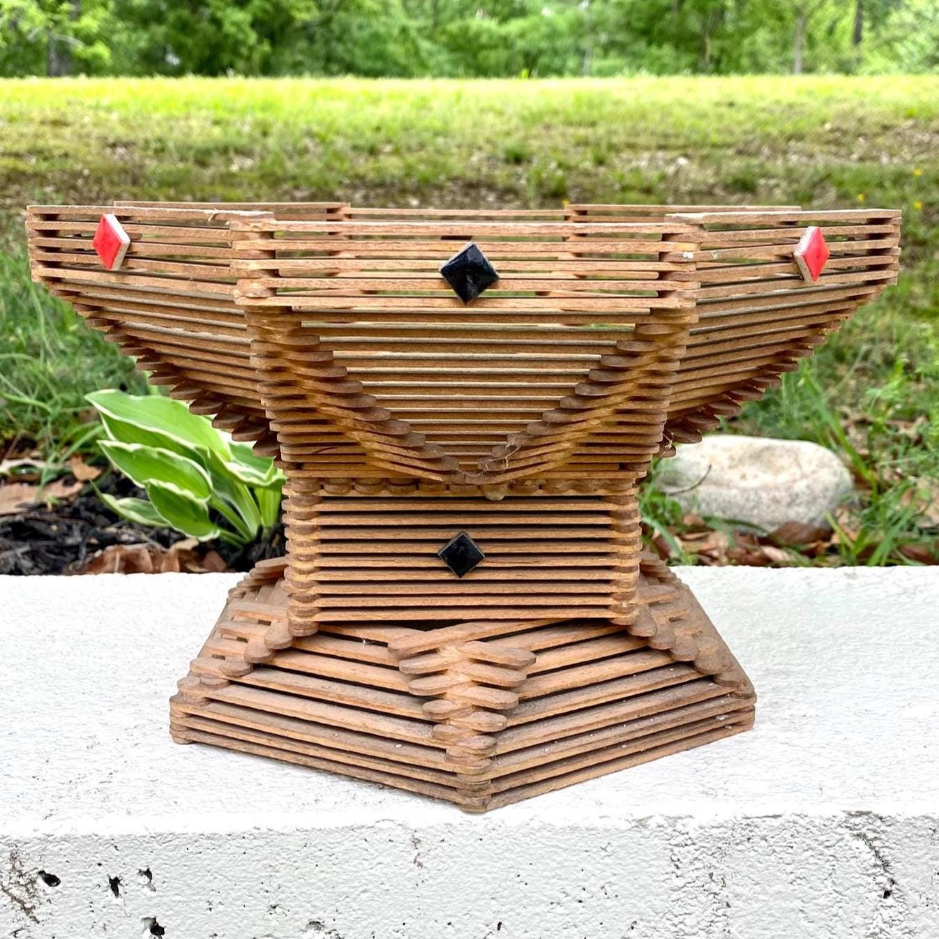 Vintage Popsicle Stick Folk Art Bowl, Tramp Art Octagonal Pedestal