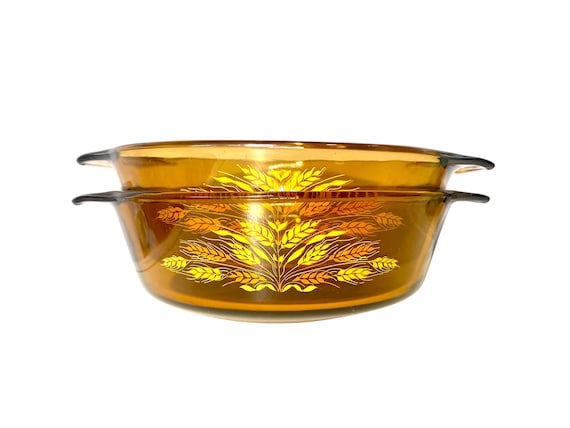 Casserole Dish Set- 1 Qt. Anchor Hocking Harvest Wheat 1970s Kitchen Decor, Amber Soda-Lime Glass, Oven And Microwave Proof