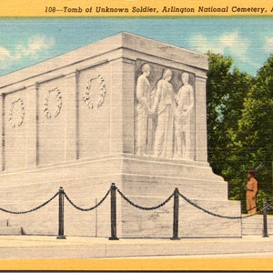 Carte postale en lin vintage des années 30-40, Tombe du soldat inconnu, cimetière national de Virginia Arlington, cadeau pour anciens combattants, éphémères de collection