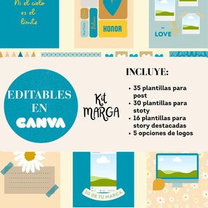 Puede incluir: Un kit de diseño digital en tonos turquesa y crema. El diseño incluye plantillas, gráficos y el texto "EDITABLES EN CANVA". El kit incluye plantillas para publicaciones, historias y logotipos.