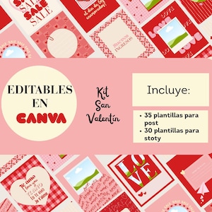 Puede incluir: Una colección de plantillas con temática de San Valentín en rojo y rosa, con el texto "EDITABLES EN CANVA" y "Kit San Valentín." Las plantillas incluyen la palabra "LOVE", corazones y la palabra "SALE."