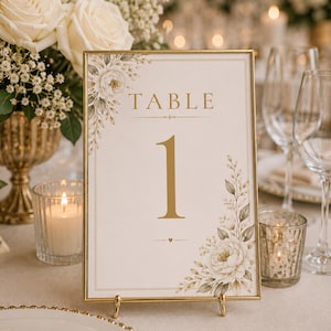 Puede incluir: Un letrero rectangular de número de mesa en un marco dorado fino con la palabra TABLE y el número 1 en fuente dorada. La tarjeta tiene un fondo crema con ilustraciones impresas de flores blancas y hojas verdes en las esquinas.