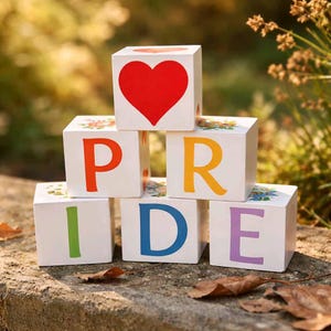 May include: White wooden blocks spelling "PRIDE", topped with a red heart. Each block displays a letter in a different colour. The blocks are arranged on a stone surface, with leaves and greenery in the background.